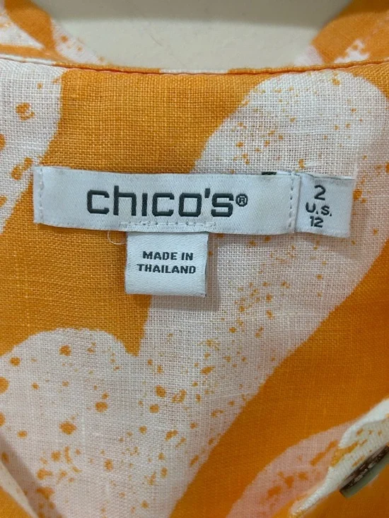 CHICO’S 100% Linen Orange White 3/4 Sleeve Button Front Blouse Size 2 US 12 - Picture 4 of 13